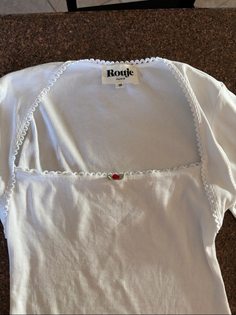Rouje Paris Ladies White Ribbed Long-Sleeve Square Neck Red Rosette Top-S